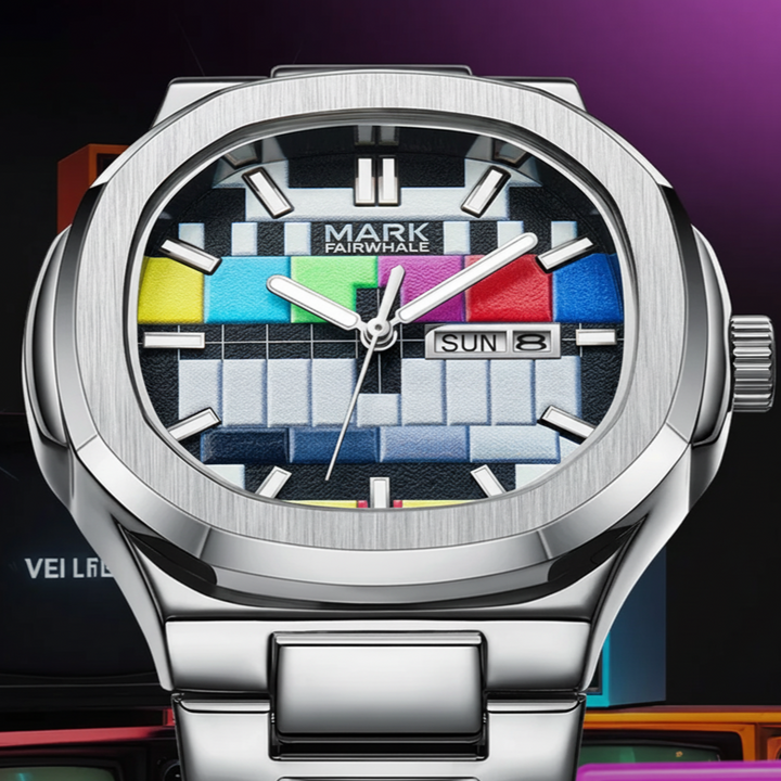 Dial Focus – Mark Fairwhale RETRONEX retro TV-inspired quartz watch dial with week display and bold colorful design.