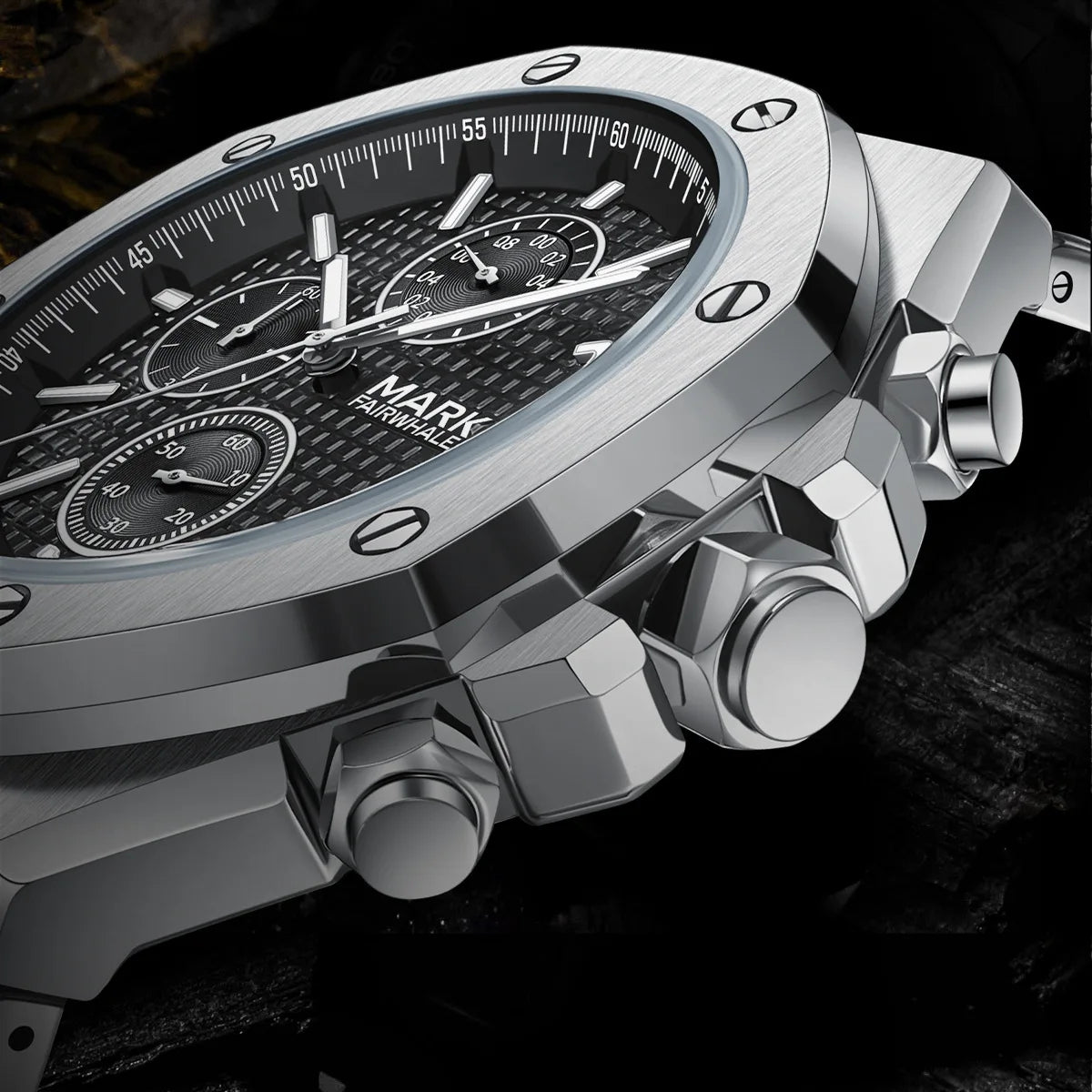 Close-up of Mark Fairwhale RETRONIX stainless steel quartz wristwatch with water resistant case