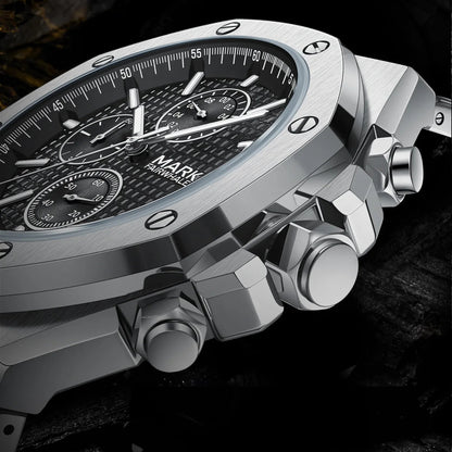 Close-up of Mark Fairwhale RETRONIX stainless steel quartz wristwatch with water resistant case