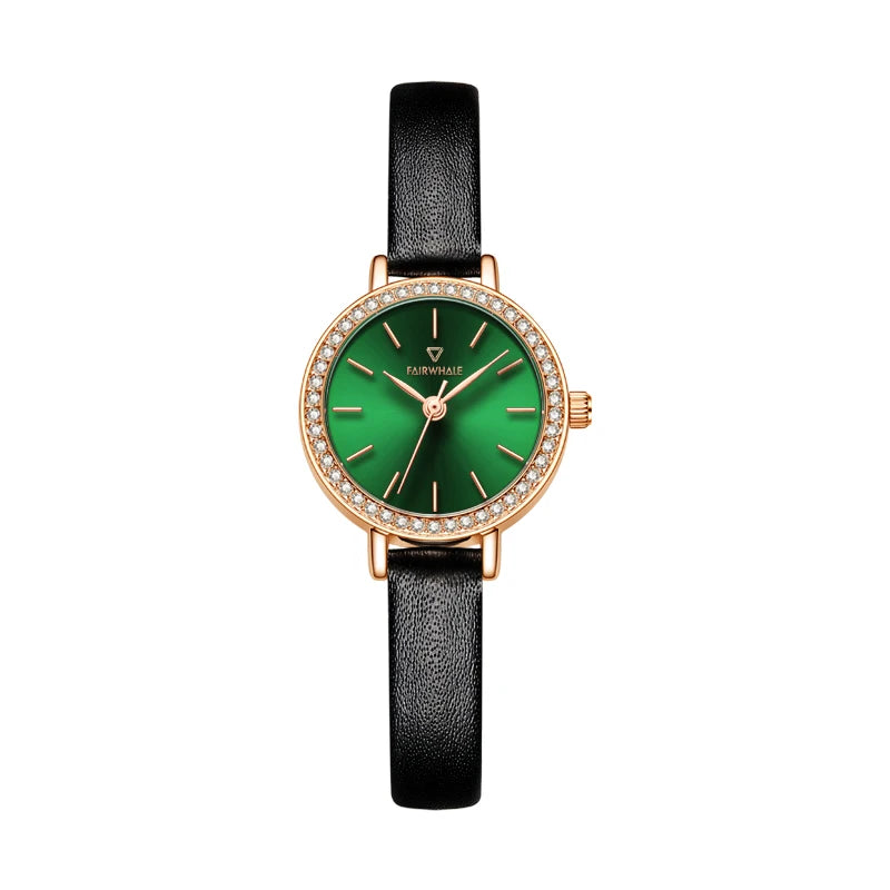 Mark Fairwhale ROVIA 3280 luxury women’s watch with green dial and diamond bezel on black leather strap