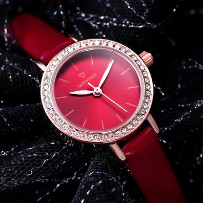 Mark Fairwhale ROVIA 3280 women’s quartz watch with red dial and rose gold mesh strap
