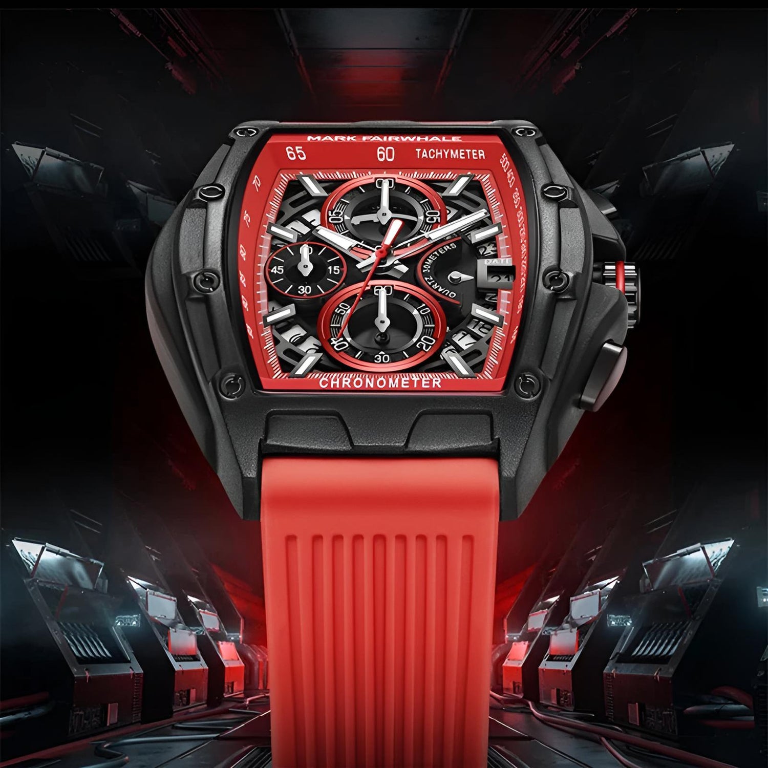 Mark Fairwhale FW-6590 RUBBER -chronograph watch with red strap, tonneau stainless steel case, and bold red dial design