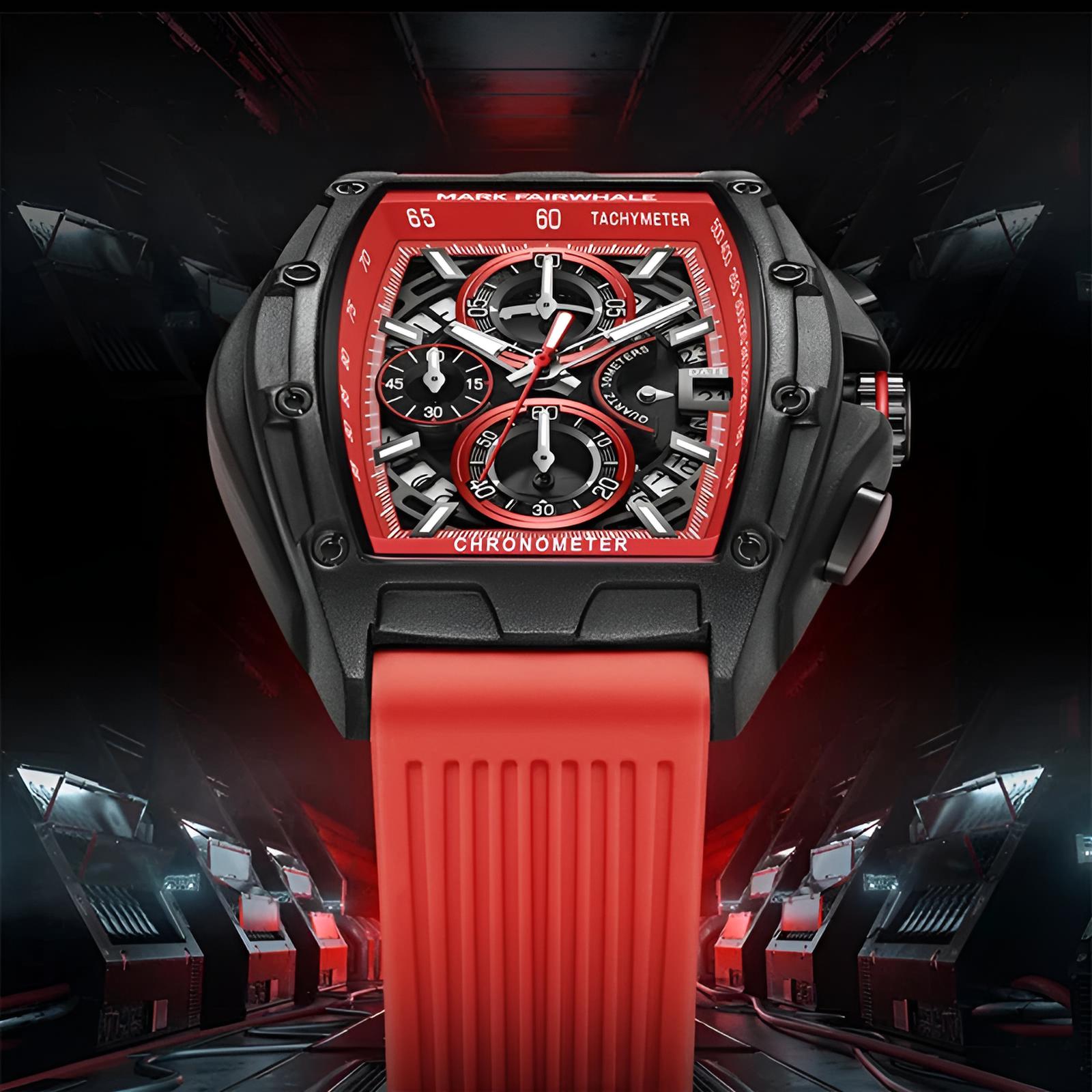 Mark Fairwhale FW-6590 RUBBER -chronograph watch with red strap, tonneau stainless steel case, and bold red dial design
