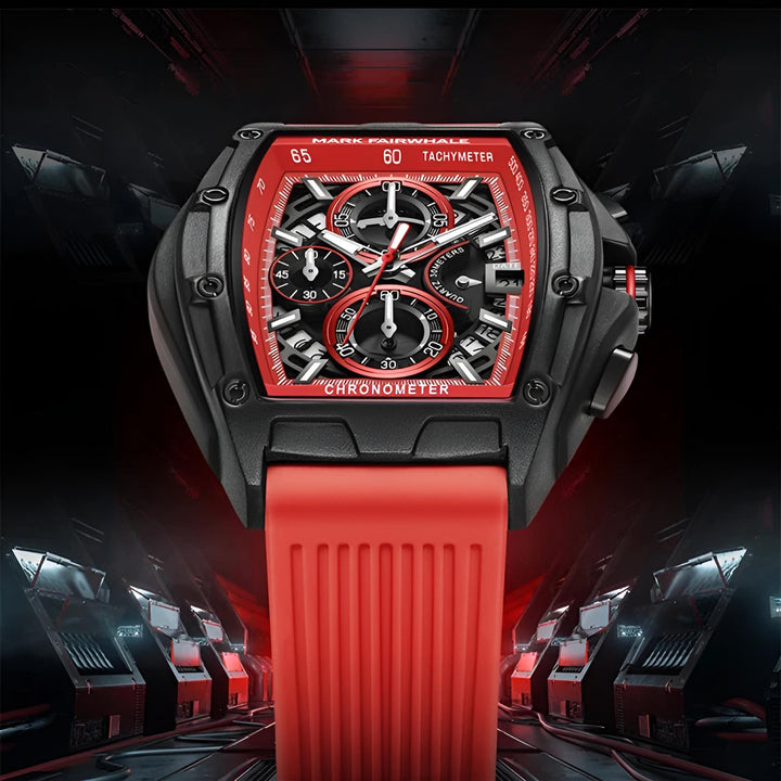 Mark Fairwhale FW-6590 RUBBER -chronograph watch with red strap, tonneau stainless steel case, and bold red dial design