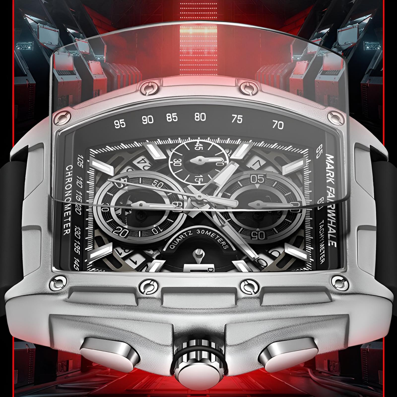 Mark Fairwhale FW-6590 RUBBER -chronograph watch with black strap, tonneau stainless steel case, and bold silver dial design