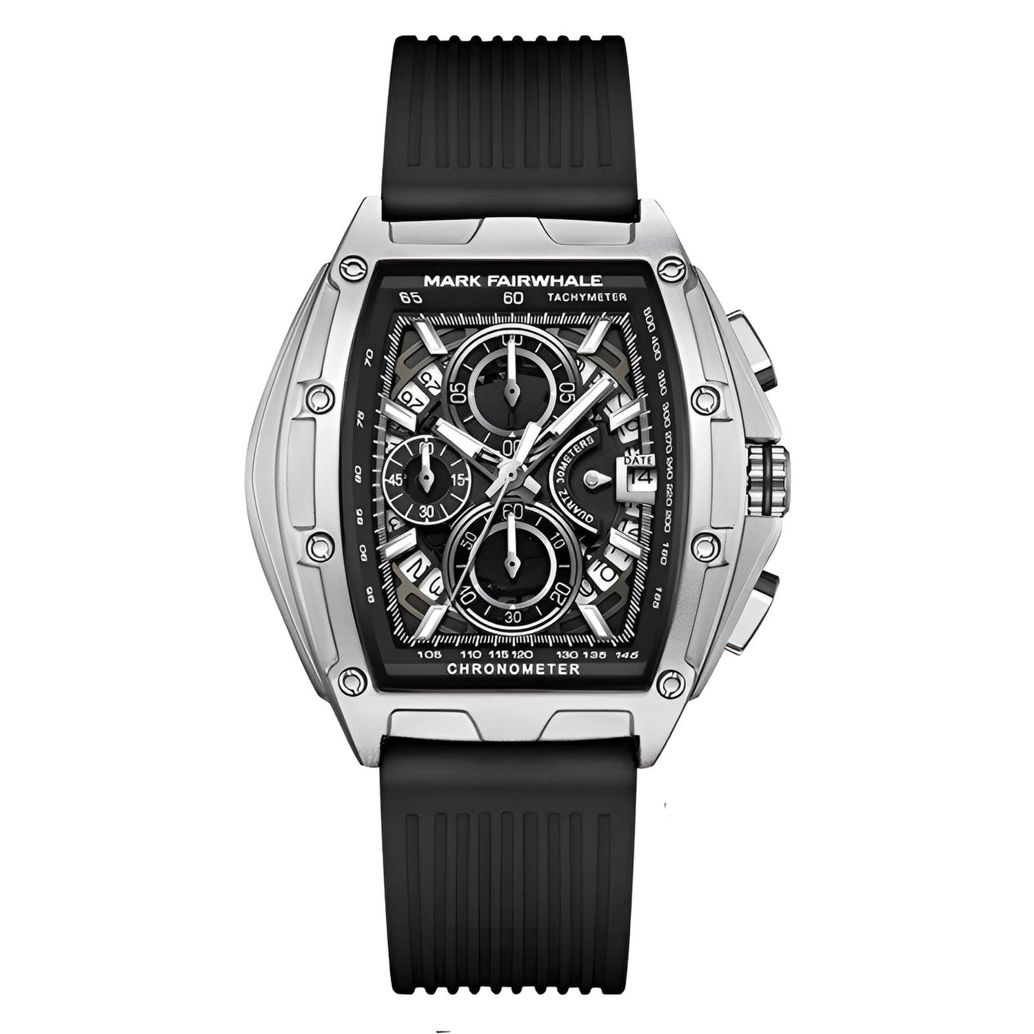 Mark Fairwhale FW-6590 RUBBER -chronograph watch with black strap, tonneau stainless steel case, and bold silver dial design