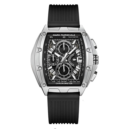 Mark Fairwhale FW-6590 RUBBER -chronograph watch with black strap, tonneau stainless steel case, and bold silver dial design