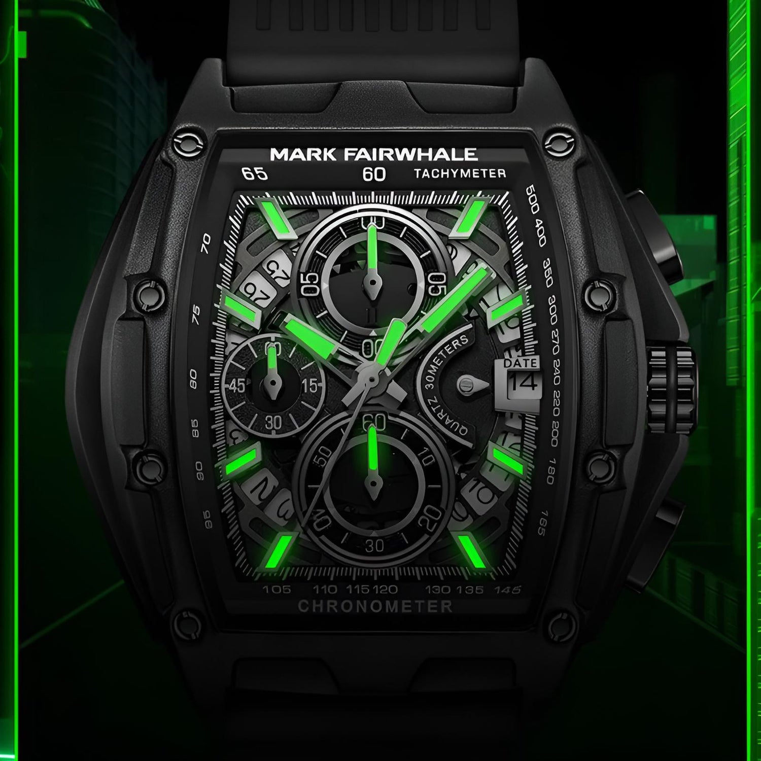 Mark Fairwhale FW-6590 RUBBER -chronograph watch with black strap, tonneau stainless steel case, and bold black luminous dial design