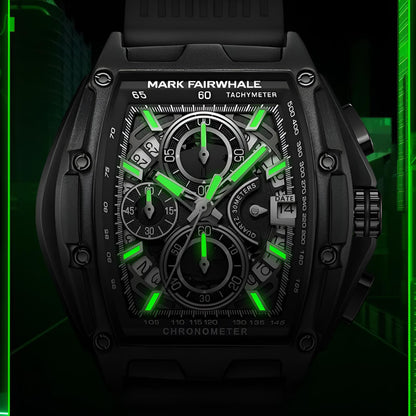 Mark Fairwhale FW-6590 RUBBER -chronograph watch with black strap, tonneau stainless steel case, and bold black luminous dial design