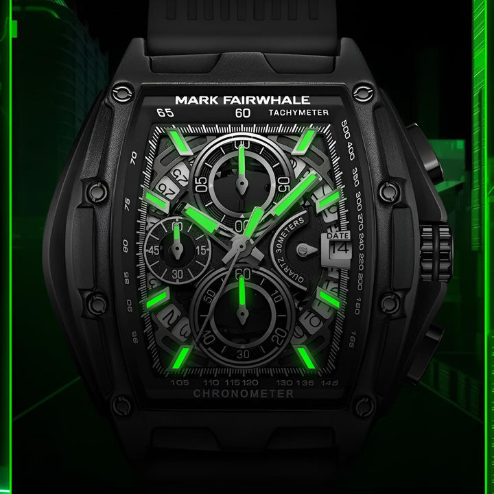 Mark Fairwhale FW-6590 RUBBER -chronograph watch with black strap, tonneau stainless steel case, and bold black luminous dial design