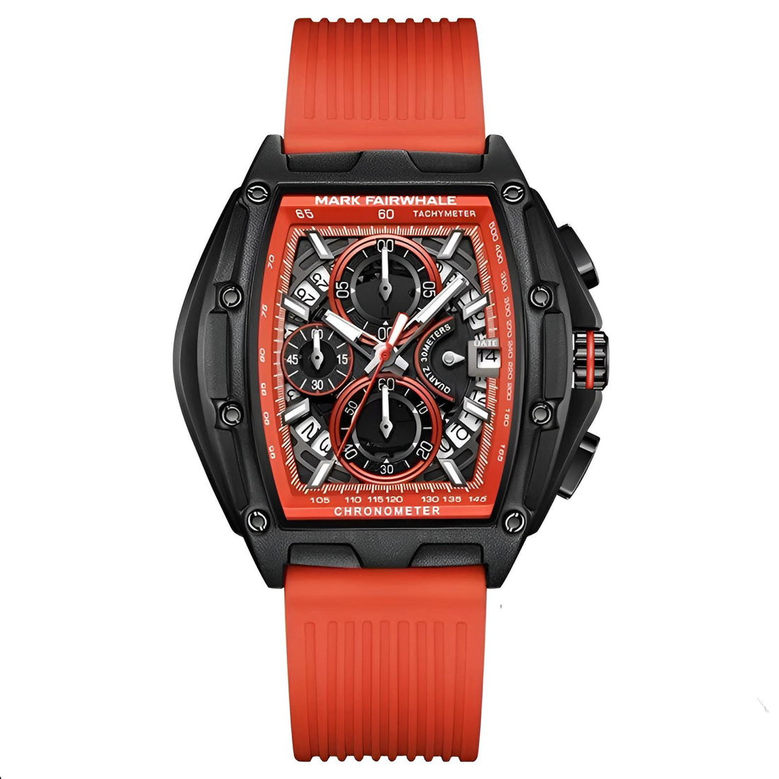 Mark Fairwhale FW-6590 RUBBER -watch with red strap, tonneau stainless steel case, and bold red dial design