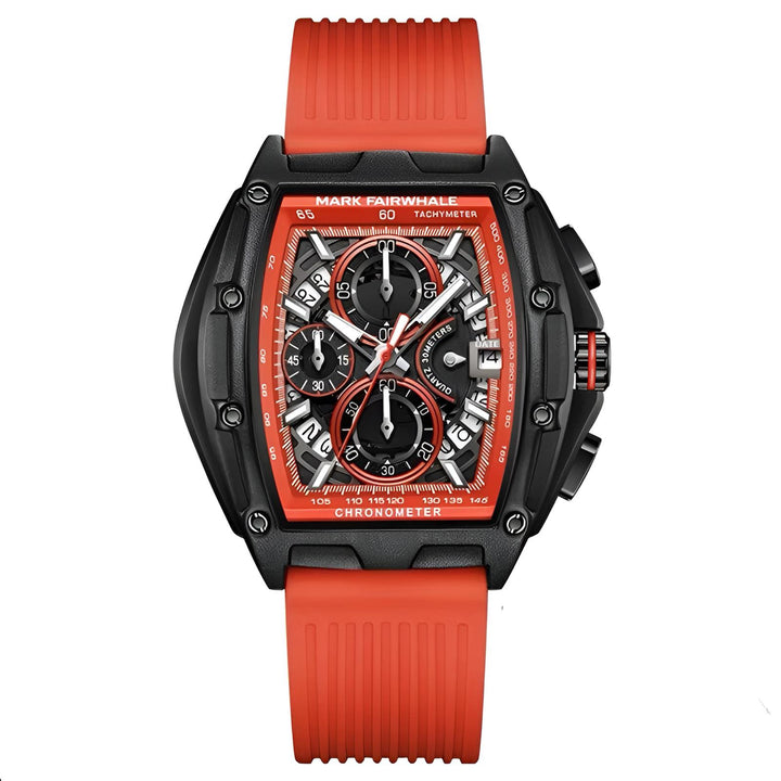 Mark Fairwhale FW-6590 RUBBER -watch with red strap, tonneau stainless steel case, and bold red dial design