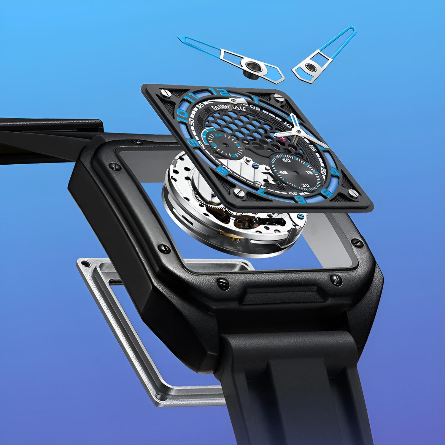 Mark Fairwhale RYON Night Tide – Black skeleton dial automatic watch for men with luminous tourbillon and stainless steel case