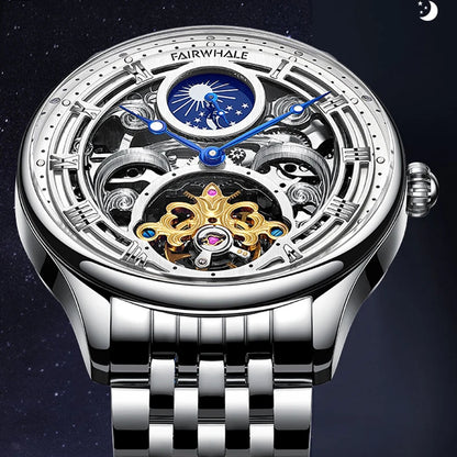 Mark Fairwhale SORIONI Horizon Steel – Silver-tone automatic moon phase watch for men with leather strap and stainless steel case