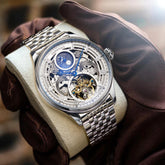 Mark Fairwhale SORIONI Horizon Steel – Silver-tone automatic moon phase watch for men with leather strap and stainless steel case