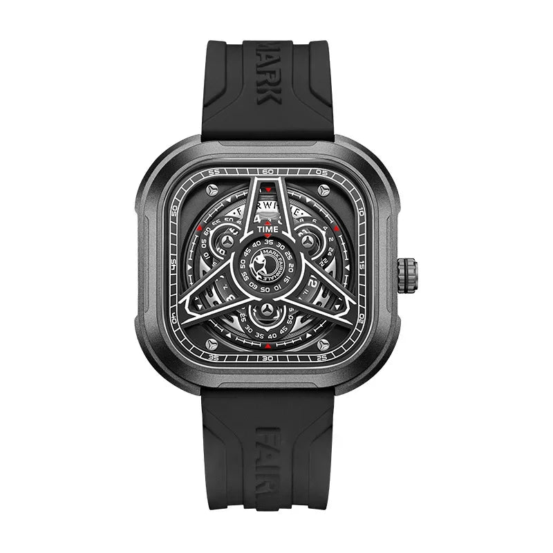 Mark Fairwhale SQUARIX men’s black silicone strap watch featuring square skeleton dial, luminous markers, and modern industrial design.