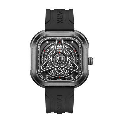 Mark Fairwhale SQUARIX men’s black silicone strap watch featuring square skeleton dial, luminous markers, and modern industrial design.