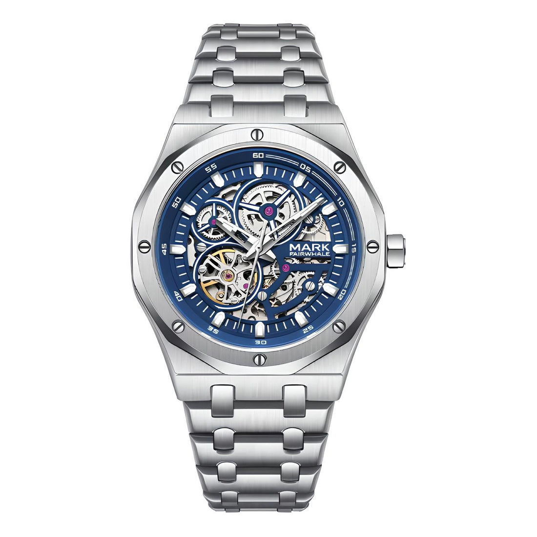 Luxury men’s automatic watch with visible tourbillon and stainless steel bracelet.