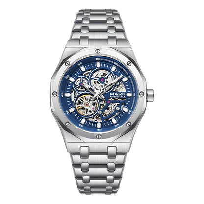 Luxury men’s automatic watch with visible tourbillon and stainless steel bracelet.