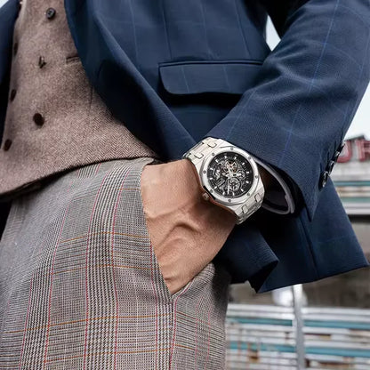 FW-6840 Stainless steel tourbillon watch paired with formal attire.