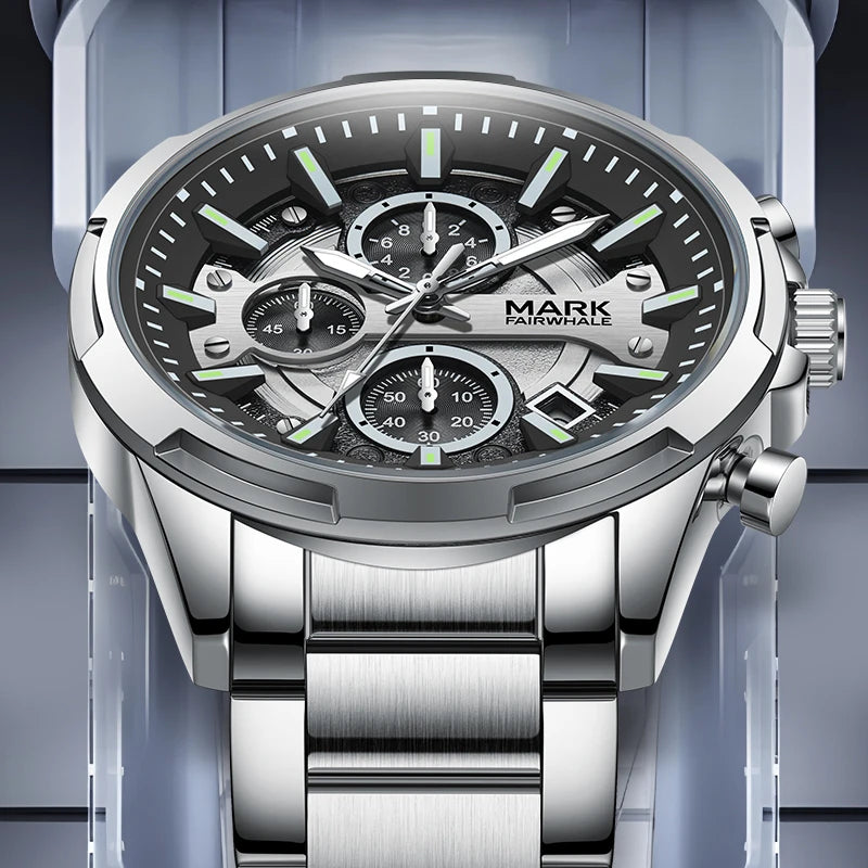 Mark Fairwhale STENTOR 5028 bold men’s quartz chronograph watch with numberless dial and steel bracelet