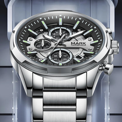 Mark Fairwhale STENTOR 5028 bold men’s quartz chronograph watch with numberless dial and steel bracelet