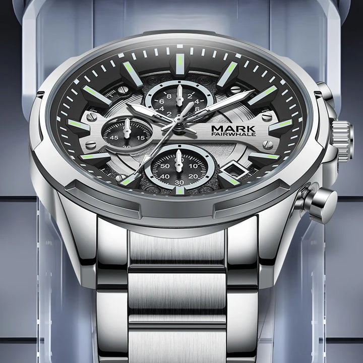 Mark Fairwhale STENTOR 5028 bold men’s quartz chronograph watch with numberless dial and steel bracelet