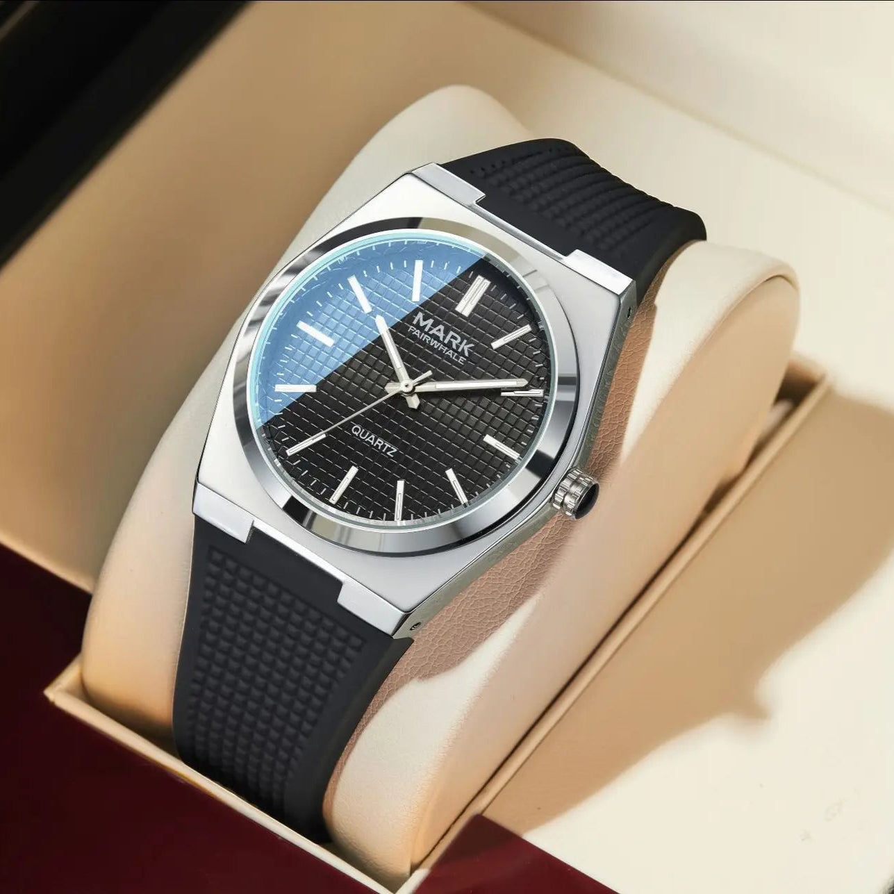 Mark Fairwhale STRAYA minimalist men’s quartz watch displayed in luxury box with stainless steel case