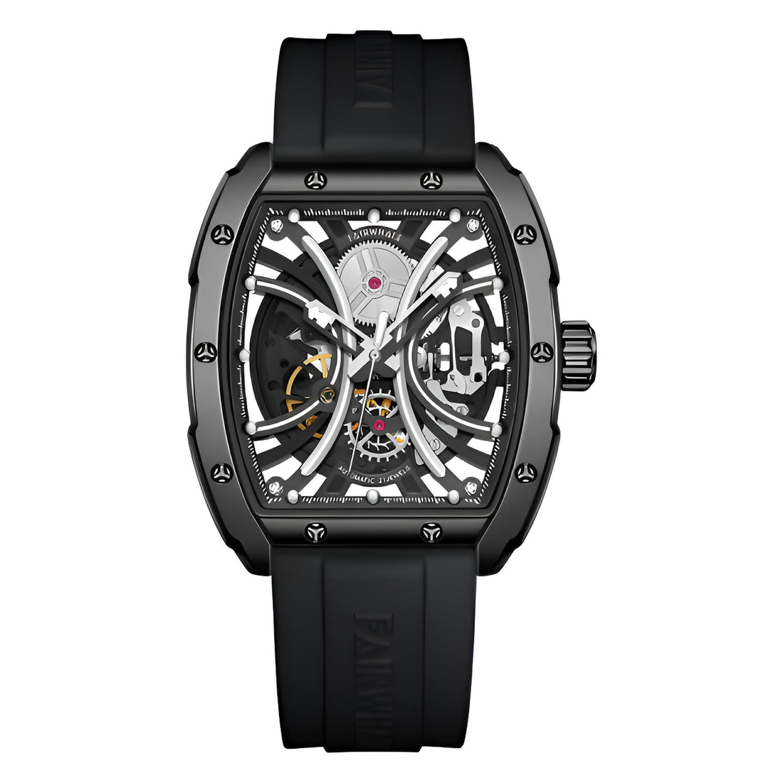 Mark Fairwhale TARVIX Obsidian Vault – Black tonneau automatic skeleton watch with tourbillon and silicone strap for men