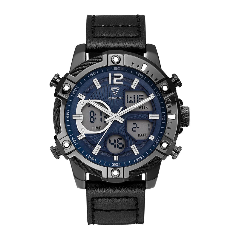 Mark Fairwhale TECTRON Onyx Core black digital analog chronograph watch for men, 48mm stainless steel case, LED display