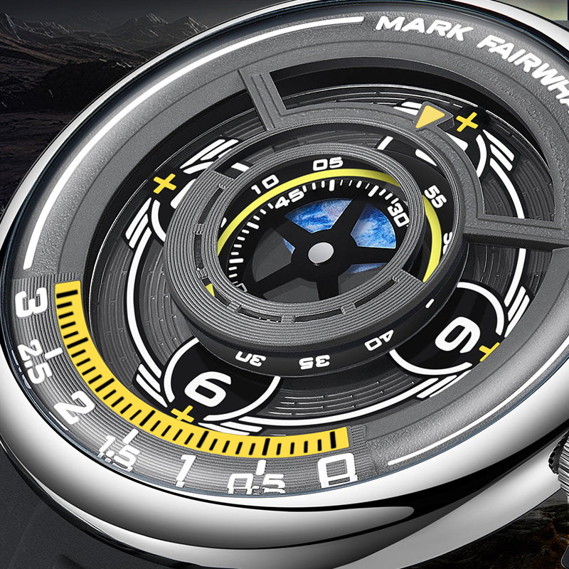 Mark Fairwhale TERRAON black silicone strap men’s quartz watch with 3D Earth dial, sporty and futuristic timepiece