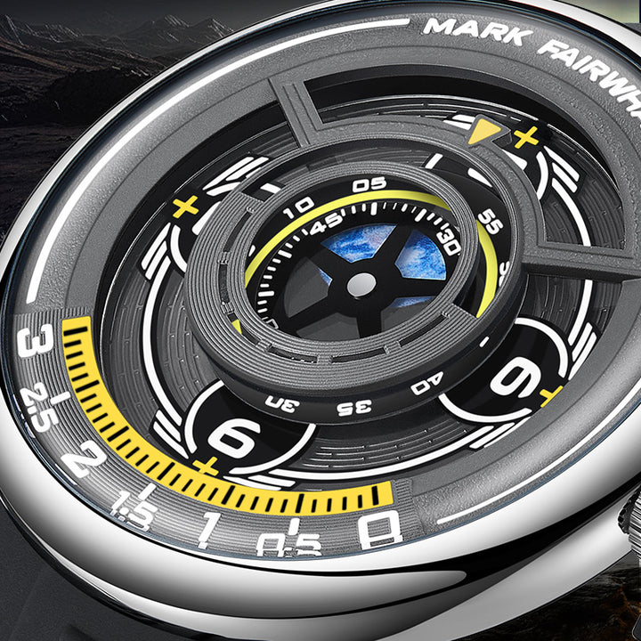 Mark Fairwhale TERRAON black silicone strap men’s quartz watch with 3D Earth dial, sporty and futuristic timepiece