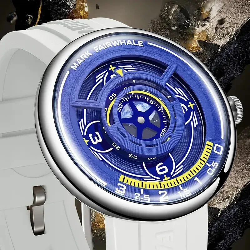 Mark Fairwhale TERRAON men’s 3D Earth dial watch with white silicone strap and stainless steel case, luxury quartz timepiece front view