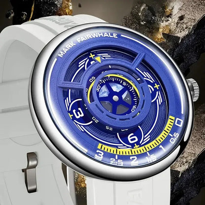 Mark Fairwhale TERRAON men’s 3D Earth dial watch with white silicone strap and stainless steel case, luxury quartz timepiece front view