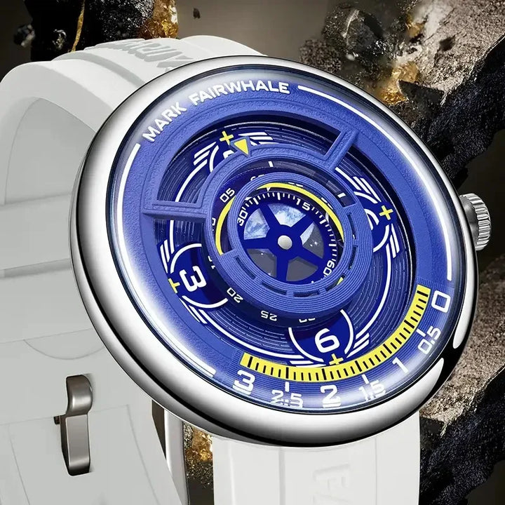 Mark Fairwhale TERRAON men’s 3D Earth dial watch with white silicone strap and stainless steel case, luxury quartz timepiece front view