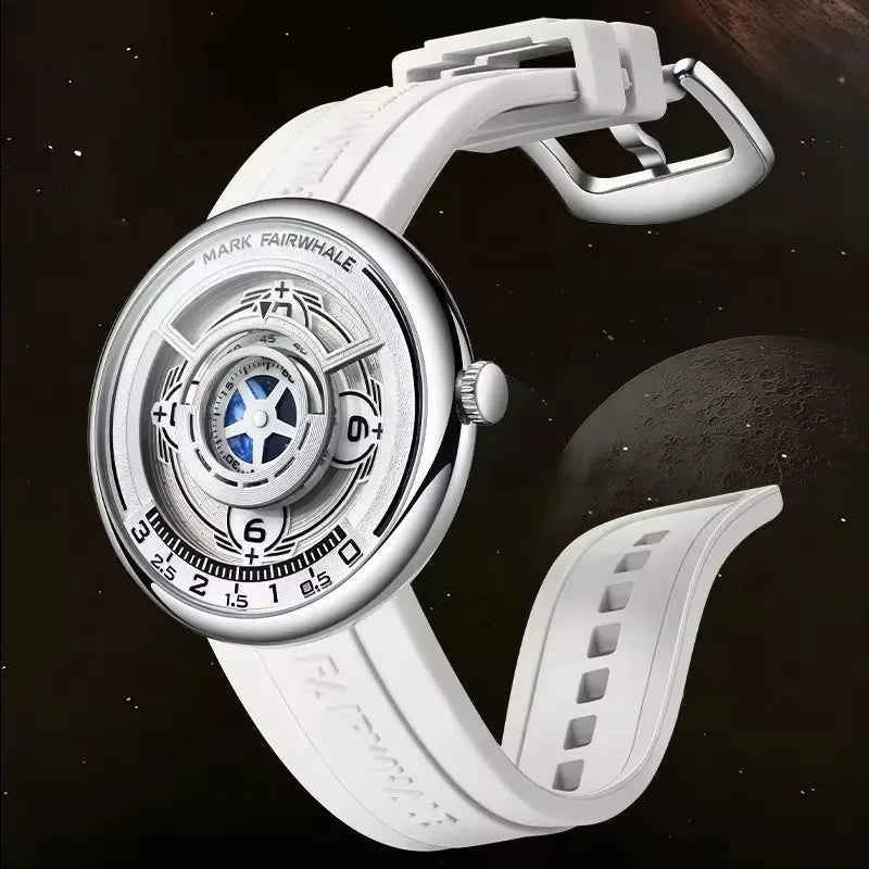 Mark Fairwhale TERRAON men’s quartz watch with black silicone strap and grey 3D Earth dial, modern sporty wristwatch