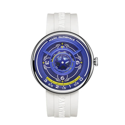 Mark Fairwhale TERRAON men’s quartz watch with white 3D Earth dial and silicone strap, modern luxury wristwatch