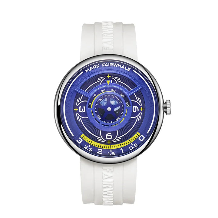 Mark Fairwhale TERRAON men’s quartz watch with white 3D Earth dial and silicone strap, modern luxury wristwatch