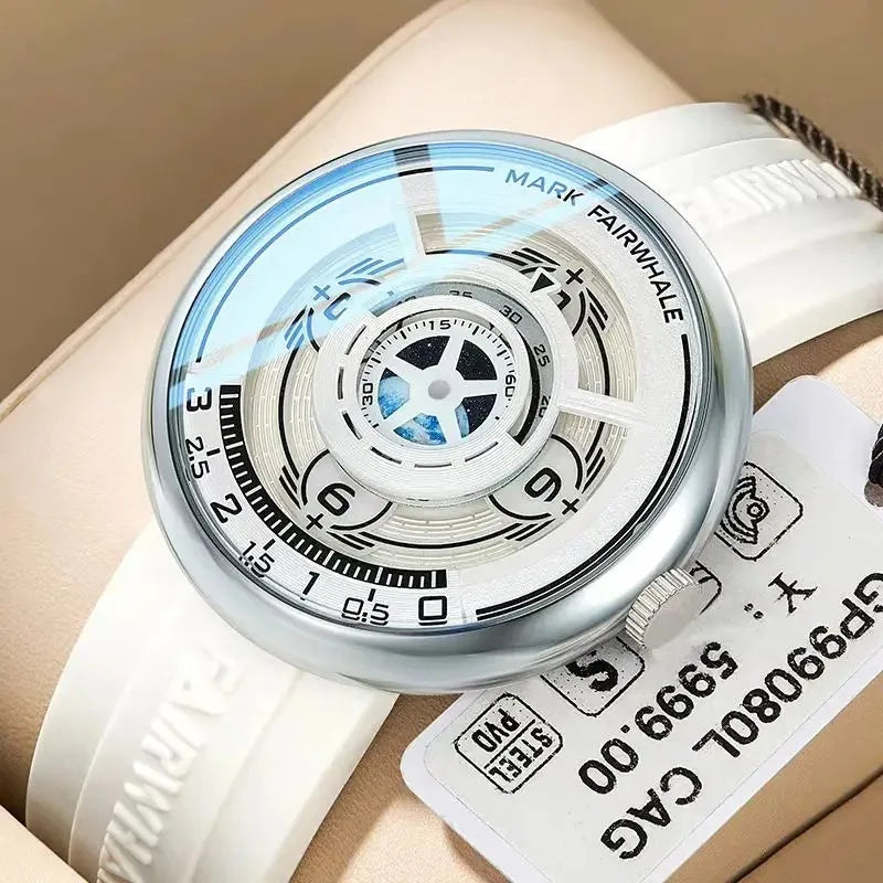 Mark Fairwhale TERRAON men’s quartz wristwatch with white silicone strap and 3D Earth dial, stylish luxury sports watch