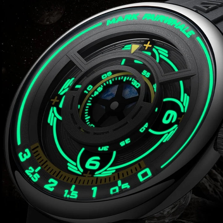 Mark Fairwhale TERRAON men’s white silicone strap quartz watch with 3D Earth dial and stainless steel case, luxury futuristic design