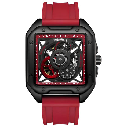 Mark Fairwhale TRENIX Ignis Core – Red accent automatic skeleton watch for men, luminous hands &amp; sporty square design