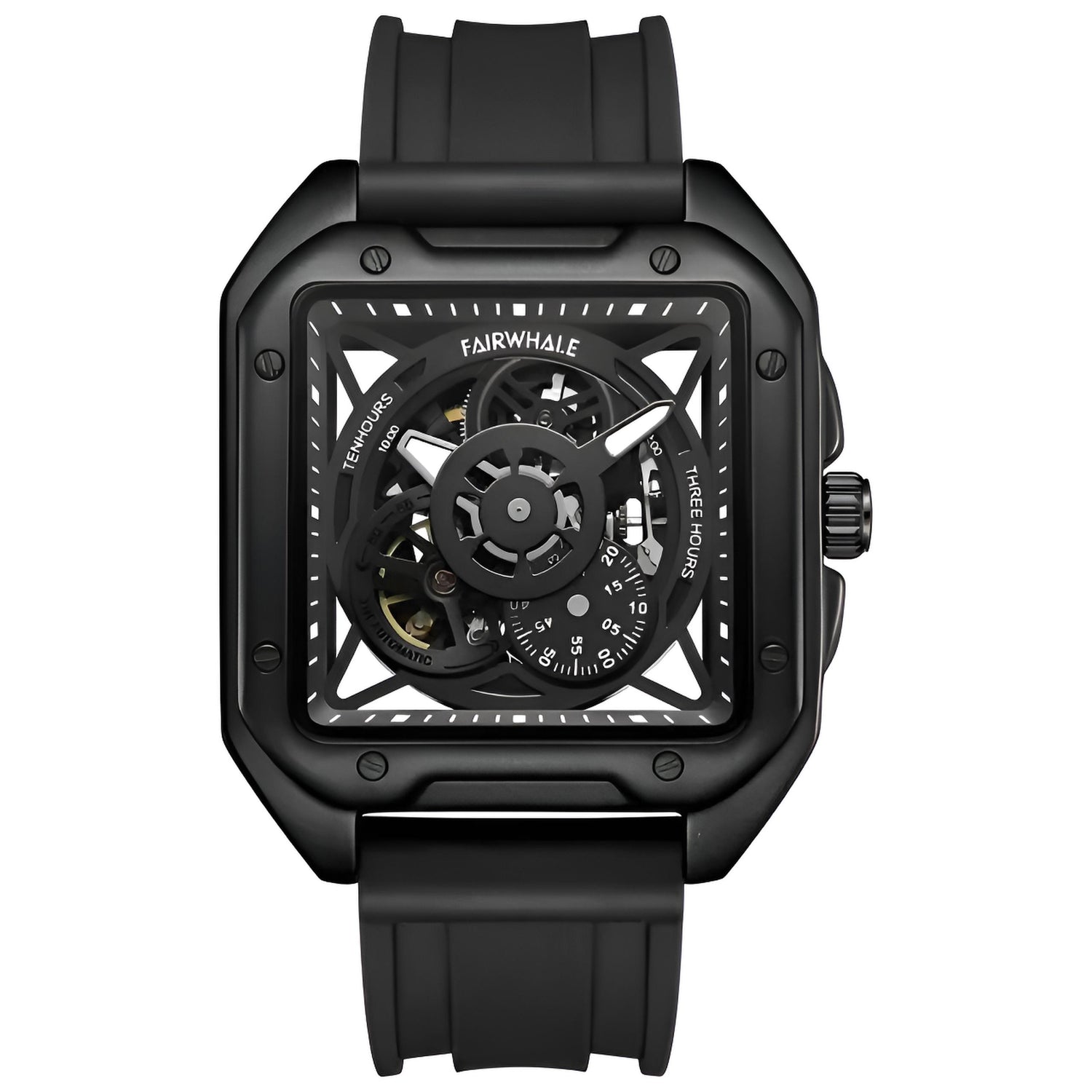 Mark Fairwhale TRENIX Obsidian Drive – Black stainless steel skeleton watch for men with high-grip silicone strap &amp; luminous display