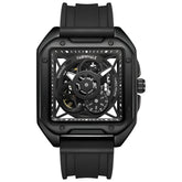 Mark Fairwhale TRENIX Obsidian Drive – Black stainless steel skeleton watch for men with high-grip silicone strap & luminous display