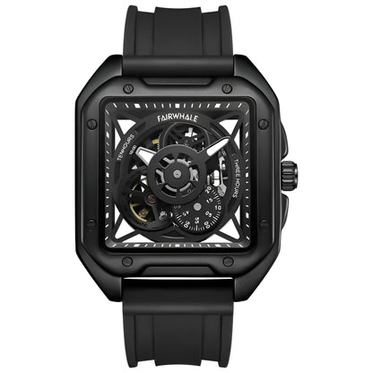 Mark Fairwhale TRENIX Obsidian Drive – Black stainless steel skeleton watch for men with high-grip silicone strap &amp; luminous display