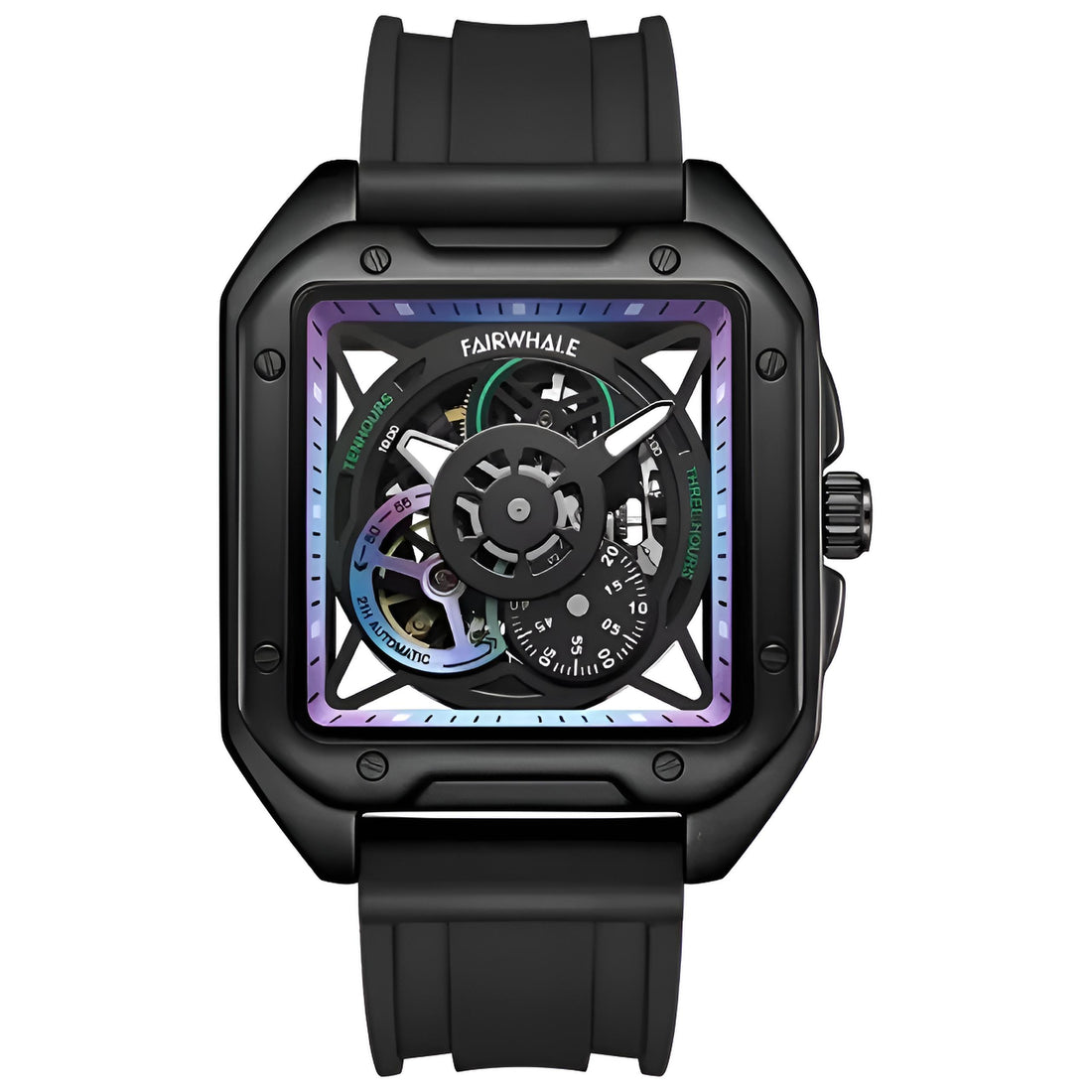 Mark Fairwhale TRENIX Obsidian Drive – Black stainless steel skeleton watch for men with high-grip silicone strap & luminous display
