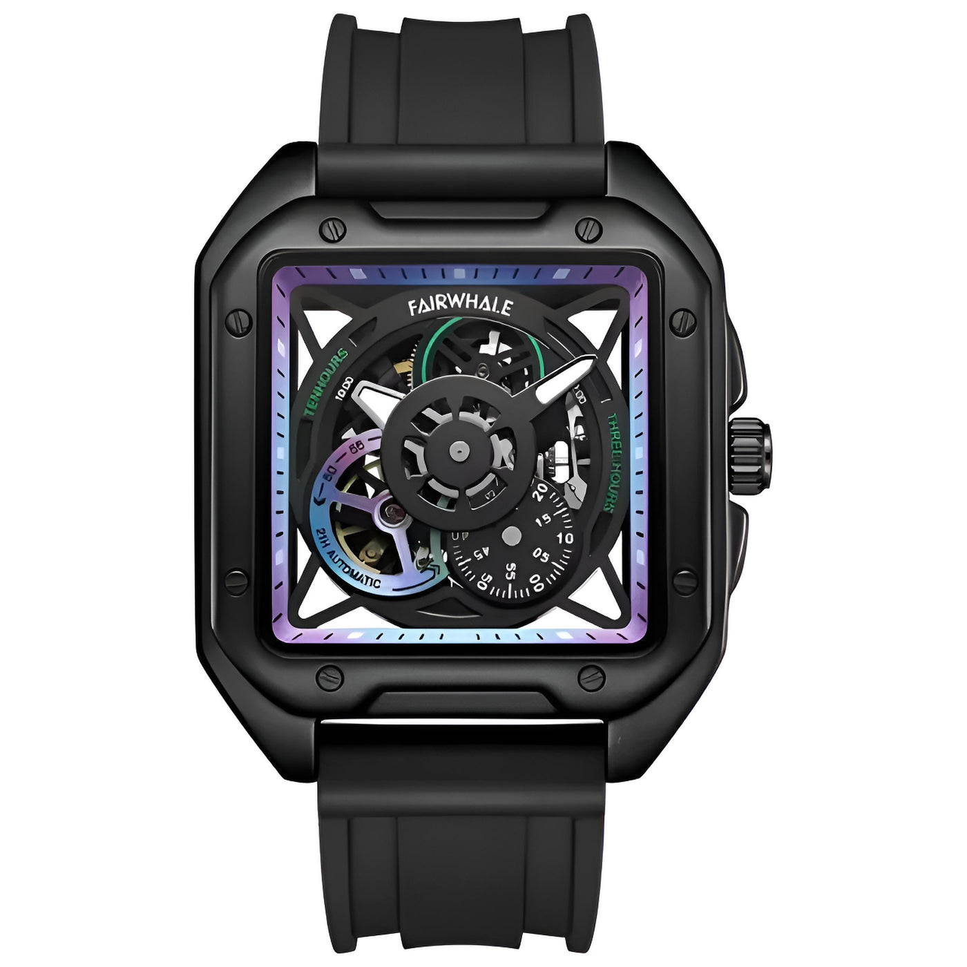 Mark Fairwhale TRENIX Obsidian Drive – Black stainless steel skeleton watch for men with high-grip silicone strap &amp; luminous display