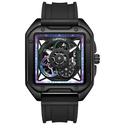 Mark Fairwhale TRENIX Obsidian Drive – Black stainless steel skeleton watch for men with high-grip silicone strap &amp; luminous display
