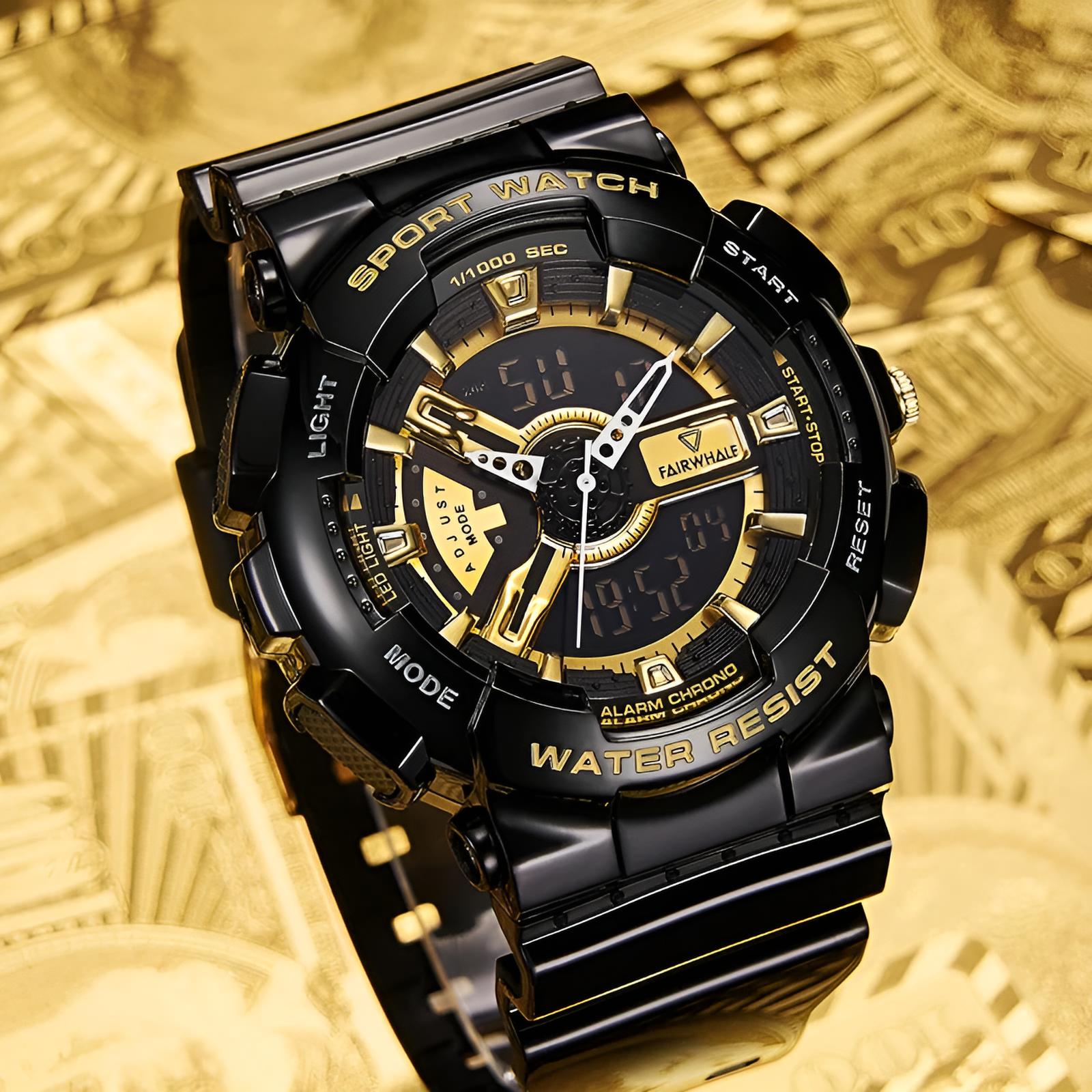 Mark Fairwhale TETRON Apex Gold – Gold-tone digital sport watch for men with luminous display and silicone strap