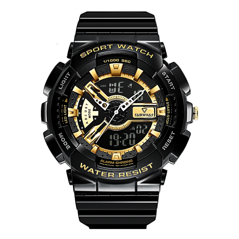 Mark Fairwhale FW-4300 TETRON men’s digital sport watch black & gold front view