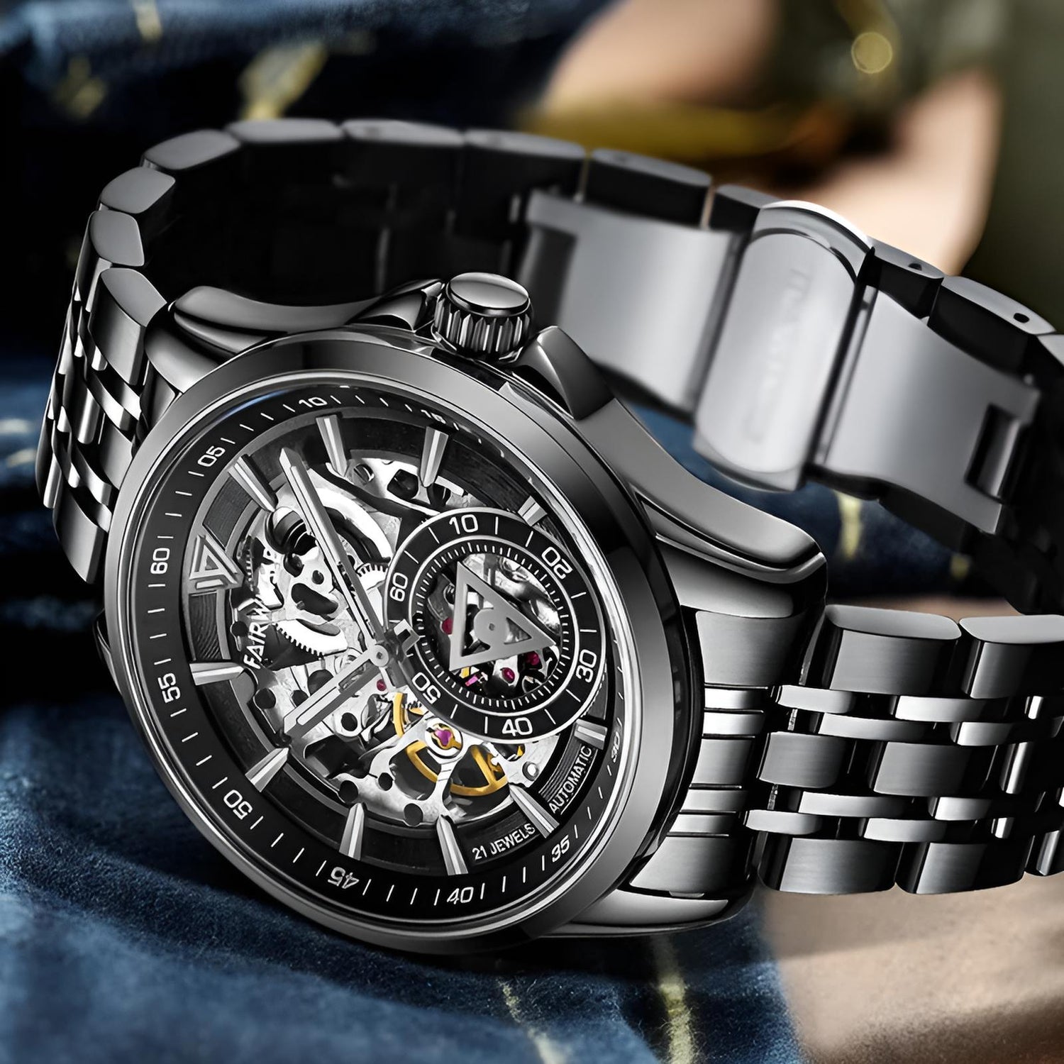 Mark Fairwhale THALIX Obsidian Core – Black semi-skeleton automatic watch for men with stainless steel case and butterfly clasp